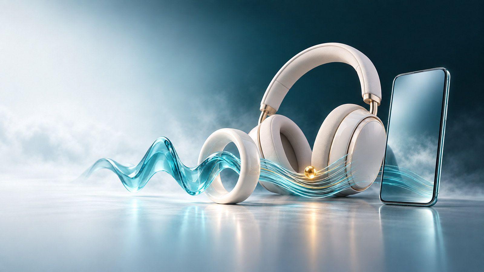 Headphones and a phone in a misty studio scene with a cyan ribbon