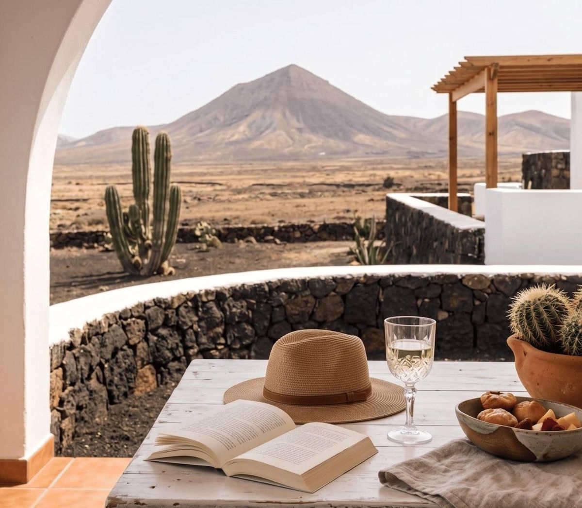 Terrace at El Soco — Lava stone, lime render and a view to the volcano