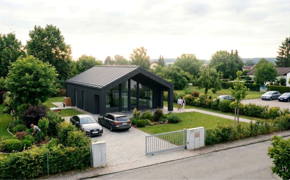 Als 70 — A compact charcoal-clad house from the Als series, shown on a real street with the neighbours around it.