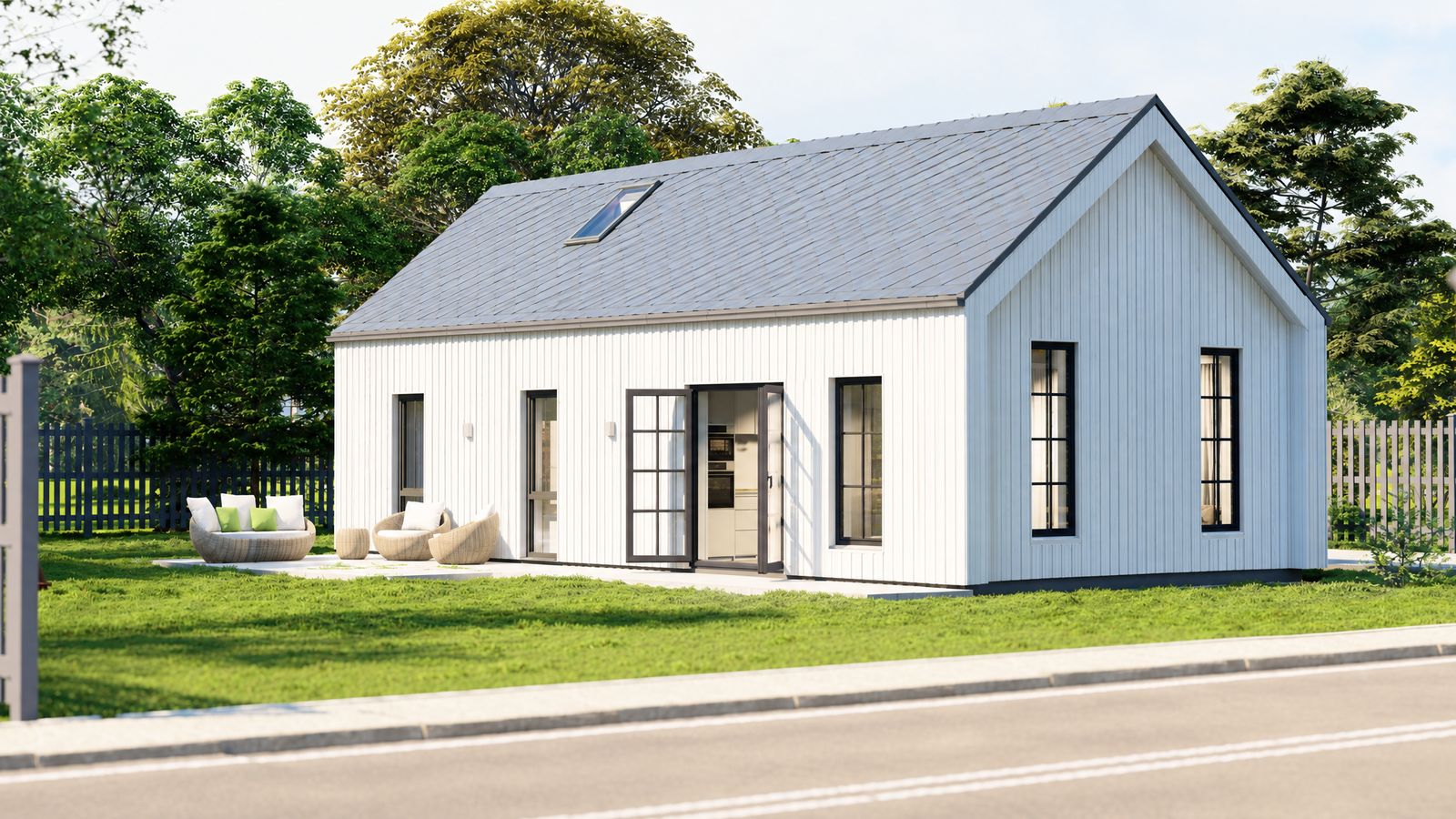 Frest Aura 90 timber house with white vertical cladding