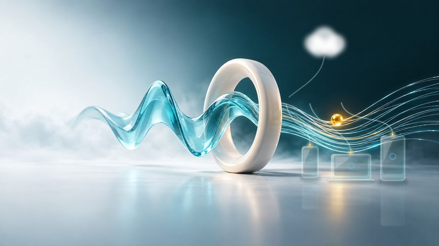 White ring with cyan threads connecting a small cloud to glass devices