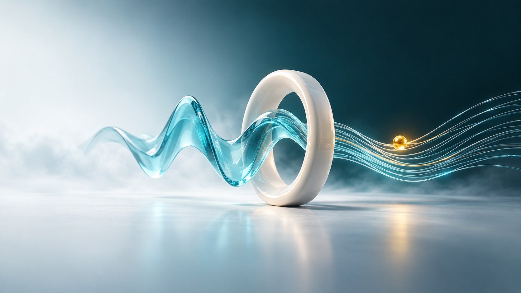 A white ceramic ring with flowing cyan ribbons and a gold bead in mist