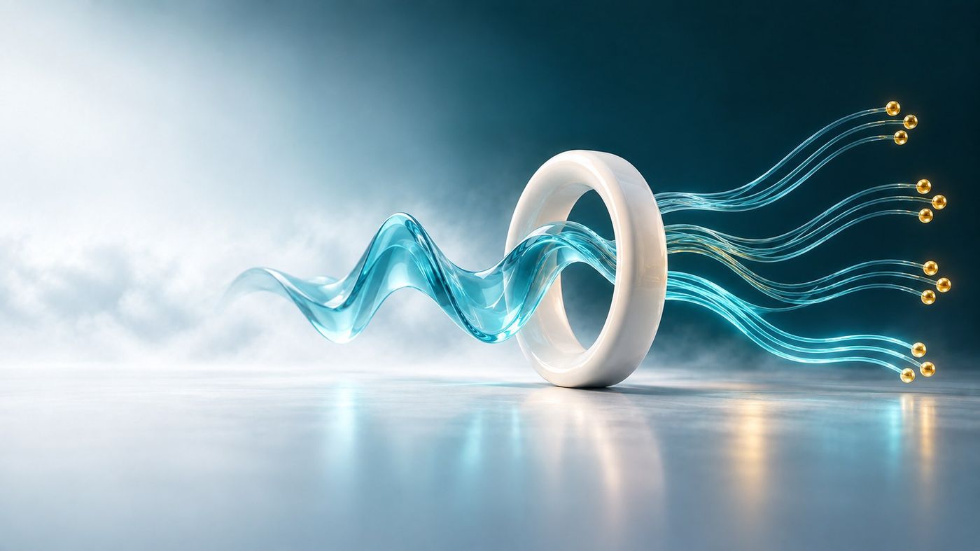 A white ring with twelve cyan strings, one for each month of the year