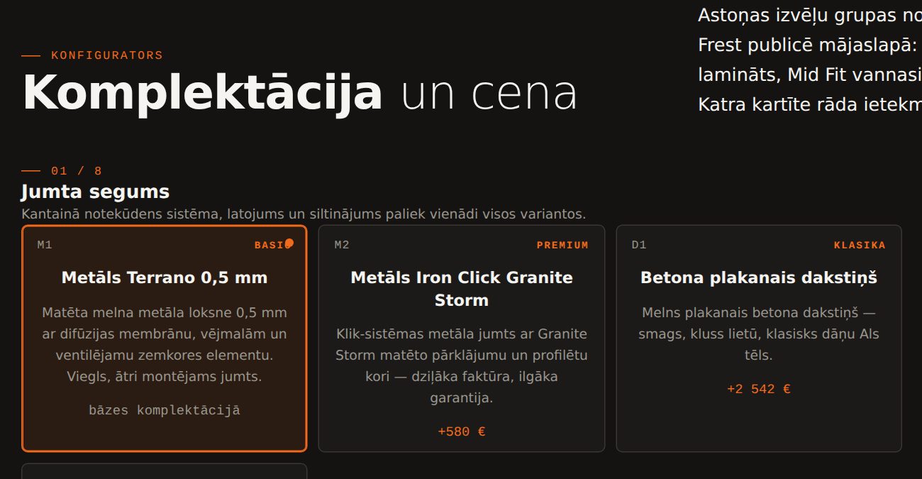 Frest catalogue configurator: roof options and a live price with VAT